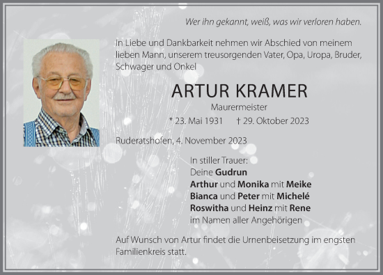 Traueranzeige von Artur Kramer von Allgäuer Zeitung, Kaufbeuren/Buchloe