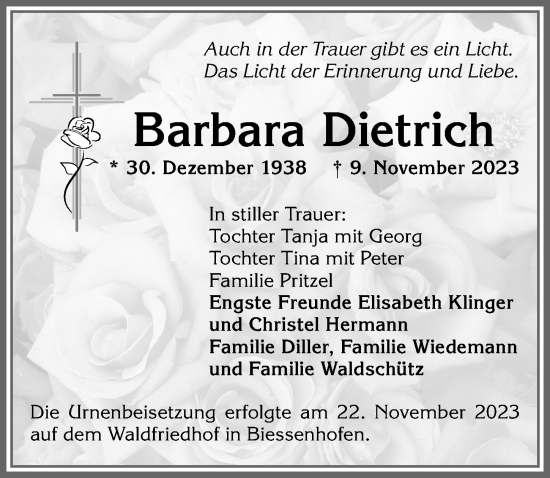 Traueranzeige von Barbara Dietrich von Allgäuer Zeitung, Marktoberdorf