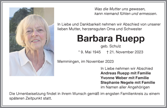 Traueranzeige von Barbara Ruepp von Memminger Zeitung