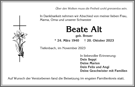 Traueranzeige von Beate Alt von Allgäuer Anzeigeblatt