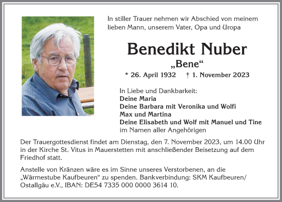 Traueranzeige von Benedikt Nuber von Allgäuer Zeitung, Kaufbeuren/Buchloe