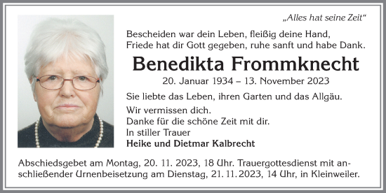 Traueranzeige von Benedikta Frommknecht von Allgäuer Zeitung,Kempten