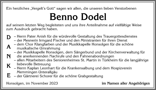 Traueranzeige von Benno Dodel von Allgäuer Zeitung, Kaufbeuren/Buchloe