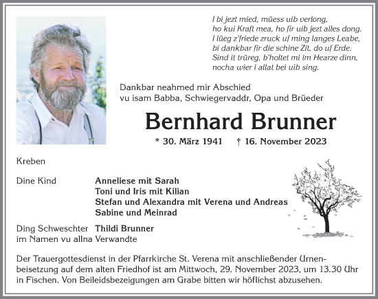 Traueranzeige von Bernhard Brunner von Allgäuer Anzeigeblatt