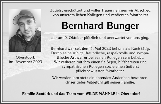 Traueranzeige von Bernhard Bunger von Allgäuer Anzeigeblatt