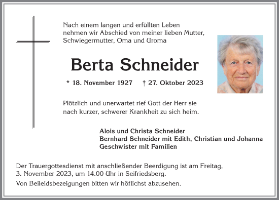 Traueranzeige von Berta Schneider von Allgäuer Anzeigeblatt