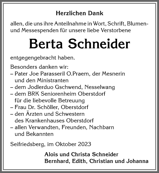 Traueranzeige von Berta Schneider von Allgäuer Anzeigeblatt