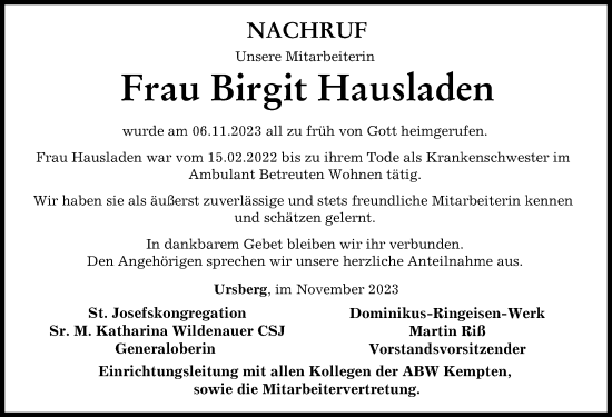 Traueranzeige von Birgit Hausladen von Allgäuer Zeitung,Kempten
