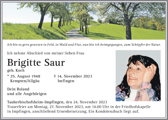 Traueranzeige von Brigitte Saur von Allgäuer Zeitung,Kempten