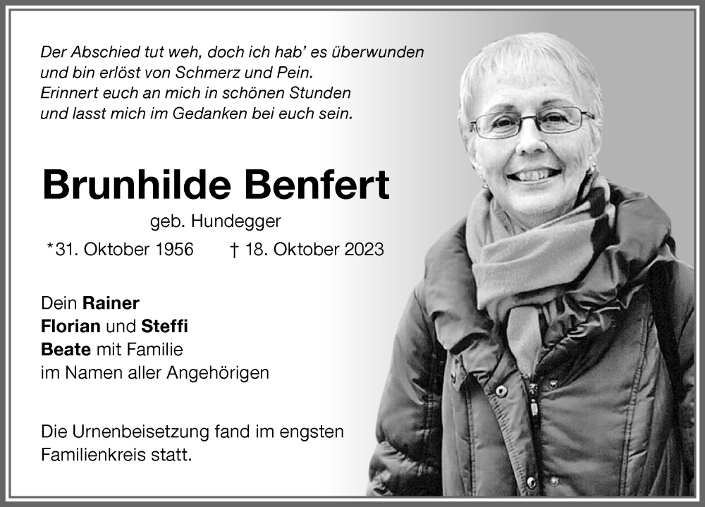  Traueranzeige für Brunhilde Benfert vom 04.11.2023 aus Memminger Zeitung