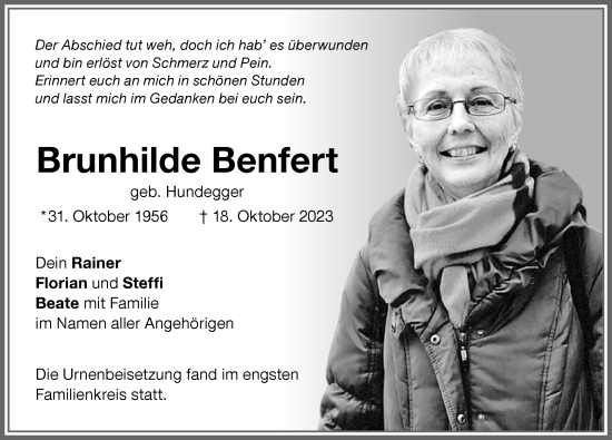 Traueranzeige von Brunhilde Benfert von Memminger Zeitung