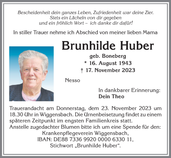 Traueranzeige von Brunhilde Huber von Allgäuer Zeitung,Kempten