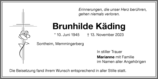 Traueranzeige von Brunhilde Käding von Memminger Zeitung