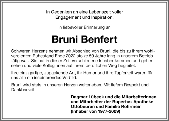 Traueranzeige von Bruni Benfert von Memminger Zeitung