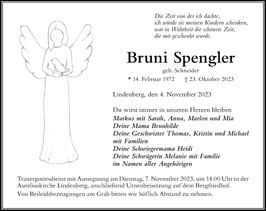 Traueranzeige von Bruni Spengler von Der Westallgäuer