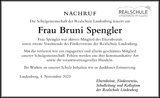 Traueranzeige von Bruni Spengler von Der Westallgäuer