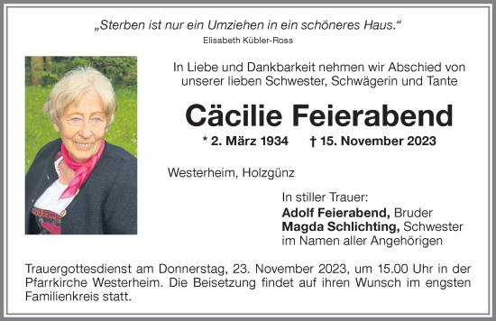 Traueranzeige von Cäcilie Feierabend von Memminger Zeitung