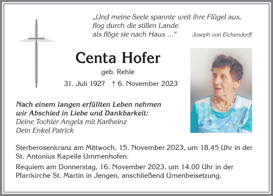 Traueranzeige von Centa Hofer von Allgäuer Zeitung, Kaufbeuren/Buchloe