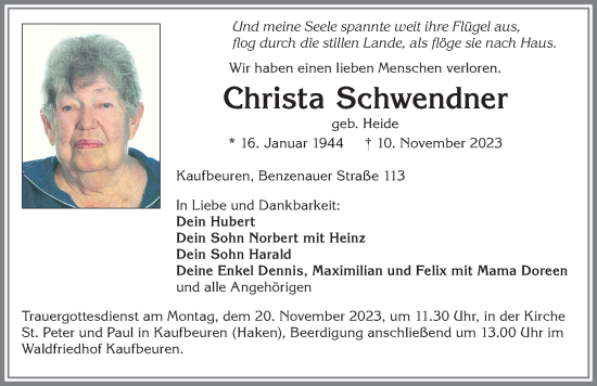 Traueranzeige von Christa Schwendner von Allgäuer Zeitung, Kaufbeuren/Buchloe