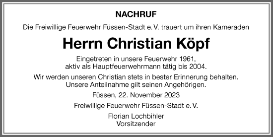 Traueranzeige von Christian Köpf von Allgäuer Zeitung, Füssen