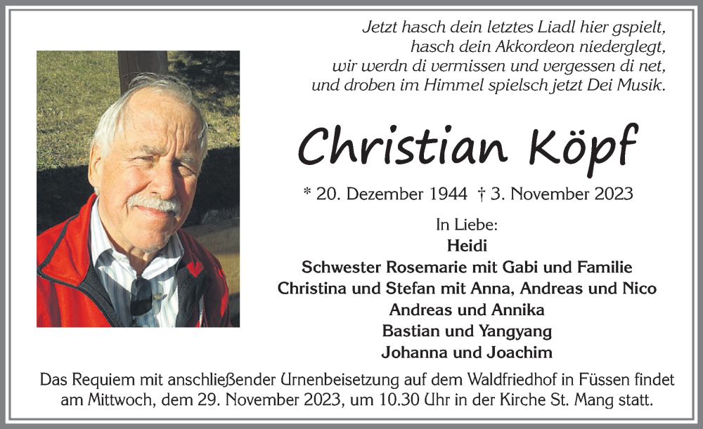  Traueranzeige für Christian Köpf vom 18.11.2023 aus Allgäuer Zeitung, Füssen