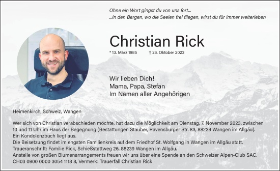 Traueranzeige von Christian Rick von Der Westallgäuer