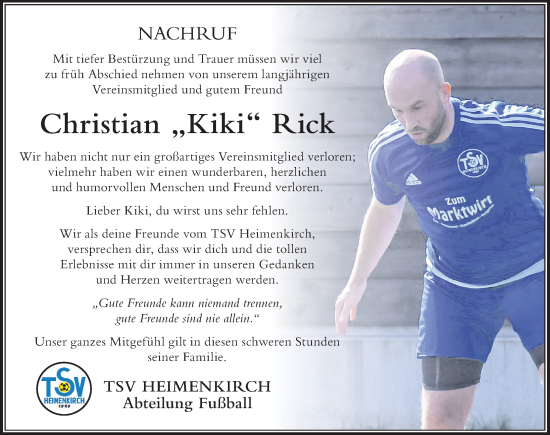Traueranzeige von Christian Rick von Der Westallgäuer
