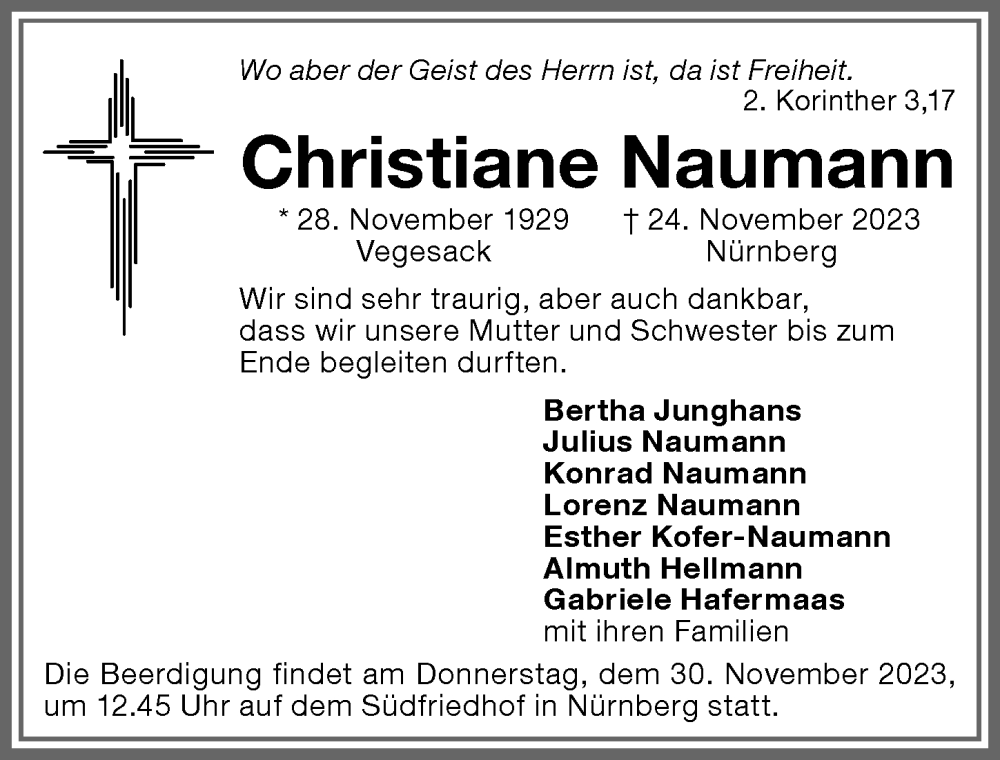  Traueranzeige für Christiane Naumann vom 28.11.2023 aus Memminger Zeitung