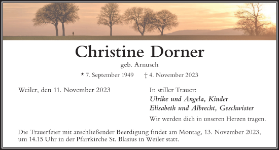 Traueranzeige von Christine Dorner von Der Westallgäuer