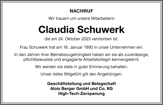 Traueranzeige von Claudia Schuwerk von Memminger Zeitung