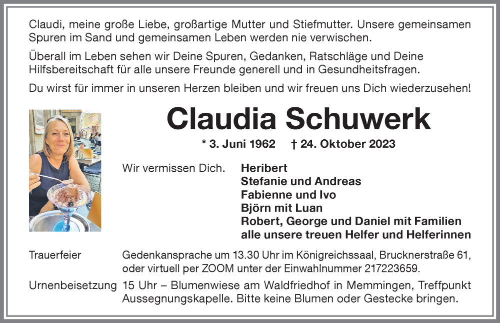  Traueranzeige für Claudia Schuwerk vom 08.11.2023 aus Memminger Zeitung