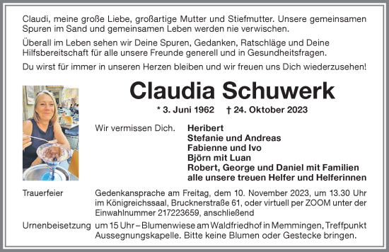 Traueranzeige von Claudia Schuwerk von Memminger Zeitung