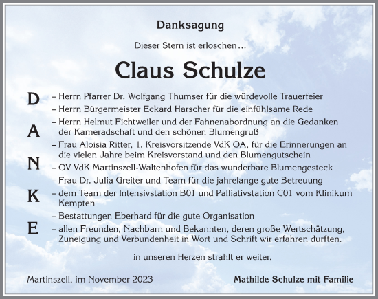 Traueranzeige von Claus Schulze von Allgäuer Zeitung,Kempten