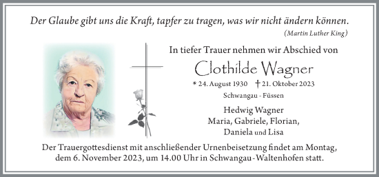 Traueranzeige von Clothilde Wagner von Allgäuer Zeitung, Füssen