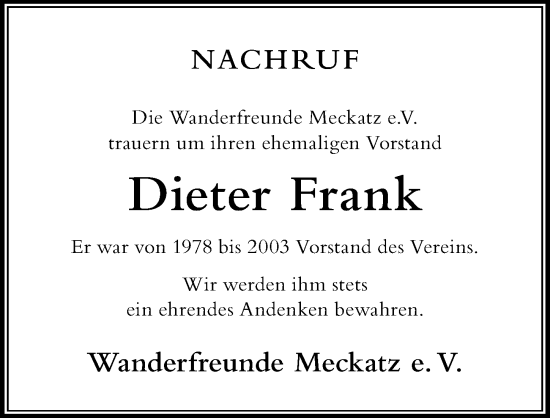 Traueranzeige von Dieter Frank von Der Westallgäuer