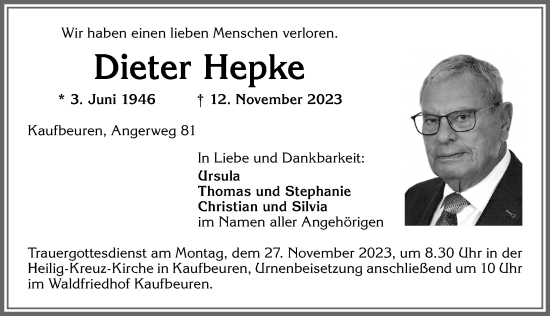 Traueranzeige von Dieter Hepke von Allgäuer Zeitung, Marktoberdorf