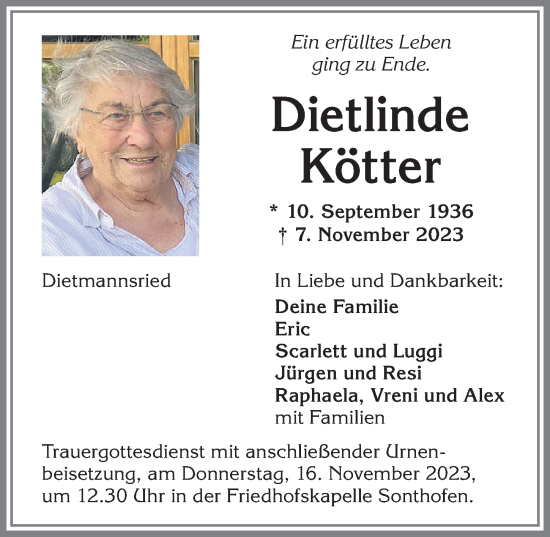 Traueranzeige von Dietlinde Kötter von Allgäuer Anzeigeblatt