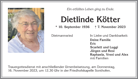 Traueranzeige von Dietlinde Kötter von Allgäuer Anzeigeblatt