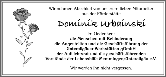 Traueranzeige von Dominik Urbainski von Mindelheimer Zeitung, Augsburger Allgemeine