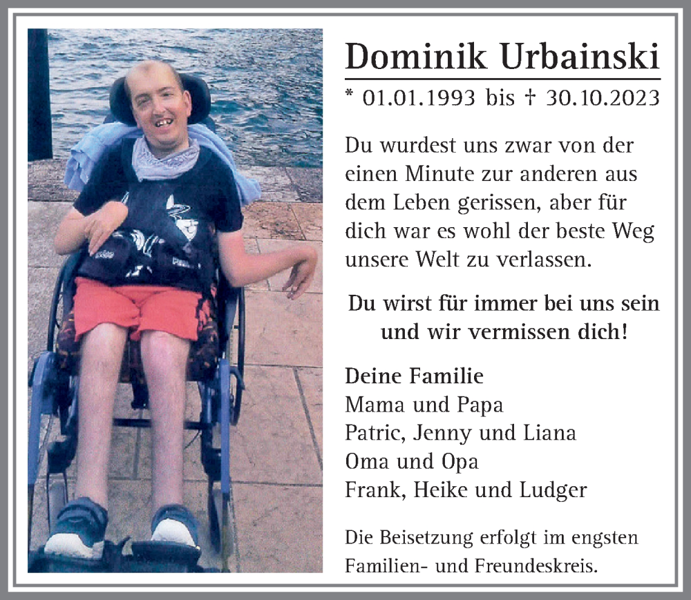  Traueranzeige für Dominik Urbainski vom 08.11.2023 aus Memminger Zeitung