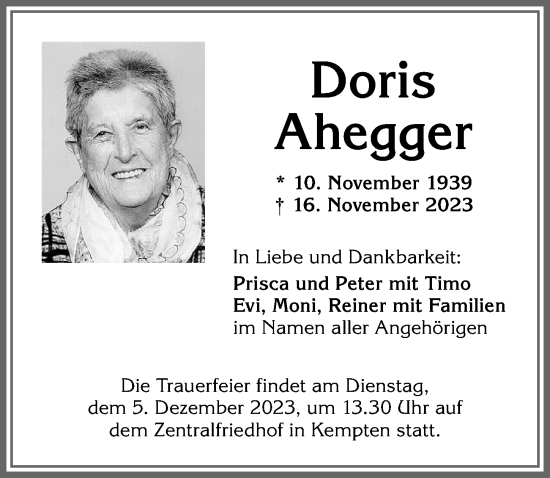 Traueranzeige von Doris Ahegger von Allgäuer Zeitung,Kempten