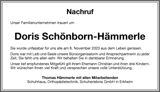 Traueranzeige von Doris Schönborn-Hämmerle von Memminger Zeitung