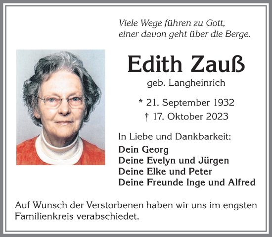 Traueranzeige von Edith Zauß von Allgäuer Zeitung, Kaufbeuren/Buchloe