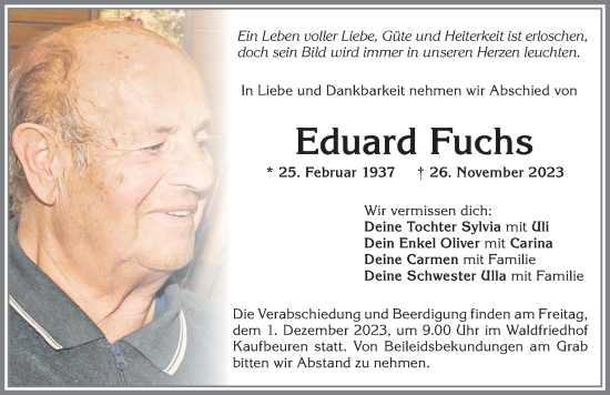 Traueranzeige von Eduard Fuchs von Allgäuer Zeitung, Kaufbeuren/Buchloe