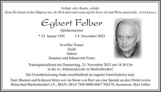 Traueranzeige von Egbert Felber von Allgäuer Zeitung, Marktoberdorf