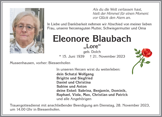 Traueranzeige von Eleonore Blaubach von Allgäuer Zeitung, Marktoberdorf