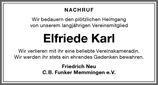 Traueranzeige von Elfriede Karl von Memminger Zeitung