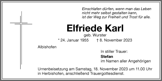 Traueranzeige von Elfriede Karl von Memminger Zeitung