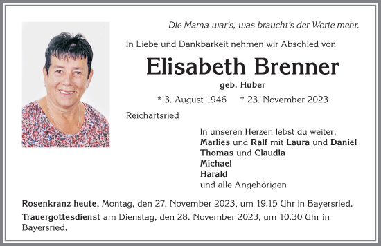 Traueranzeige von Elisabeth Brenner von Mindelheimer Zeitung, Augsburger Allgemeine