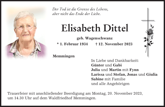 Traueranzeige von Elisabeth Dittel von Memminger Zeitung